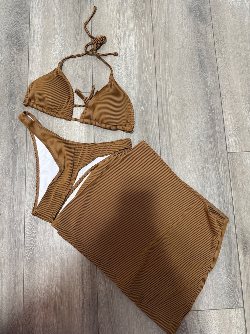 Ribbed Triangle Bikini Set with Matching Skirt - Brown